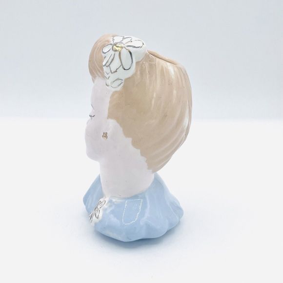 Vintage 50's Glamour Girl Lady Head Vase Blue W/ Gold Gilt Flowers Planter. Flaw - Picture 2 of 6